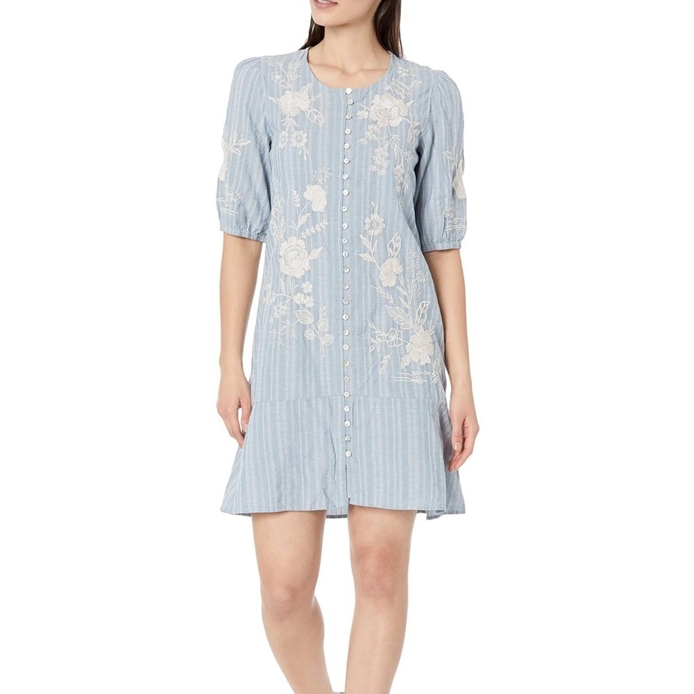 Johnny Was Osiris Puff-Sleeve Buttoned Minidress - Denim Blue - Size Large